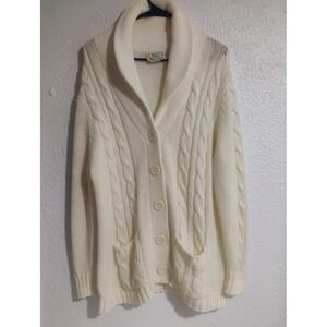 Vintage 1970s Fisherman Knit Cardigan Sweater LG/XL Cream Button Long down 44